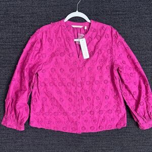 Soft Surroundings Pink Embroidered 3D Flower Button Down Top Size Small NWT